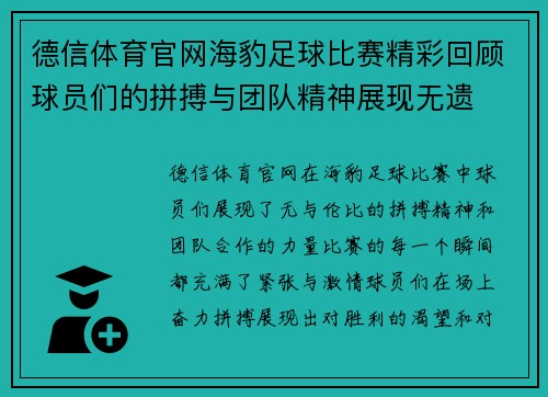 德信体育官网海豹足球比赛精彩回顾球员们的拼搏与团队精神展现无遗