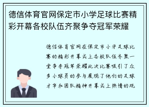 德信体育官网保定市小学足球比赛精彩开幕各校队伍齐聚争夺冠军荣耀