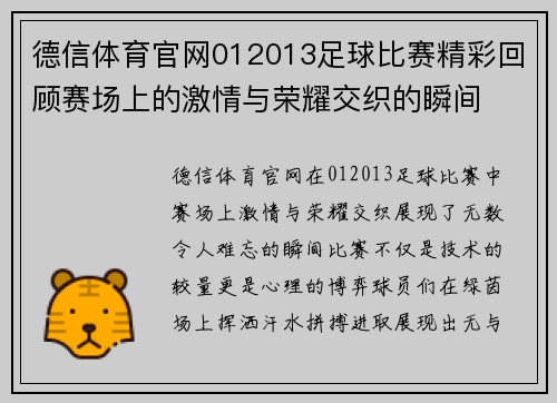 德信体育官网012013足球比赛精彩回顾赛场上的激情与荣耀交织的瞬间